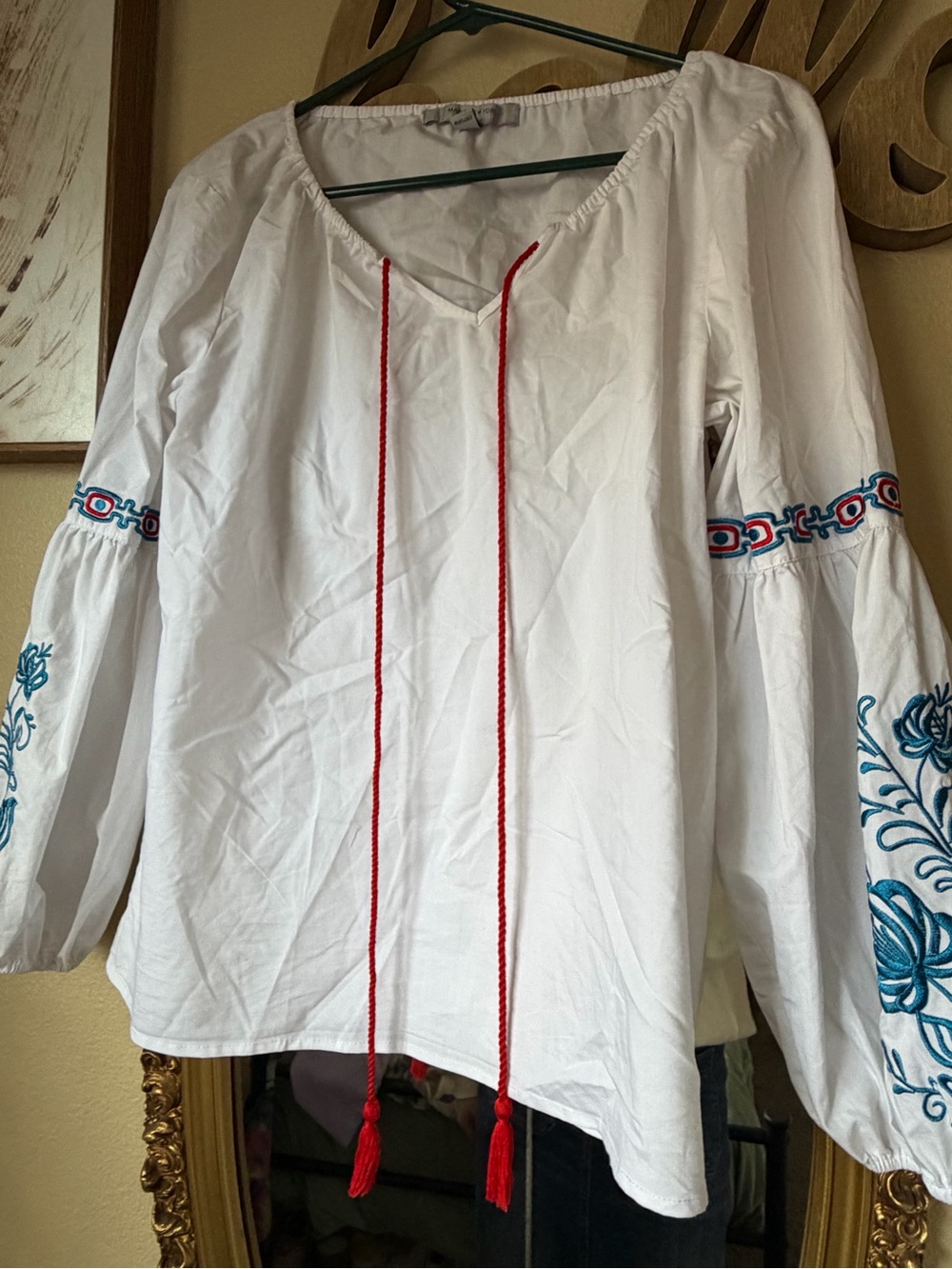 Marc New York White Peasant Blouse with Red Ties and Blue Embroidery